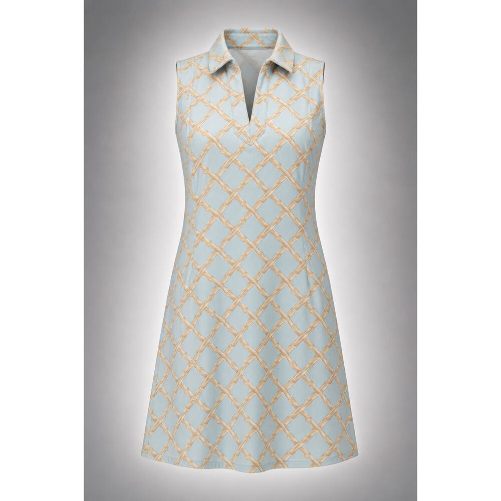 J.McLaughlin Sleeveless Collared Dress Blue Tan Bamboo Print Stretch Resort XS